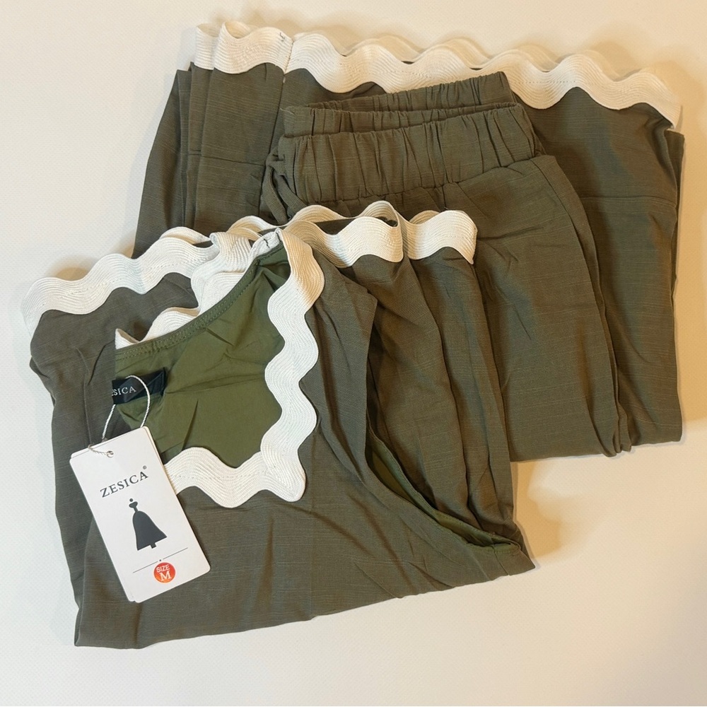 Zesica 2 Piece Set with Elegant Olive Sleeveless Top and Pants w/ White Accents